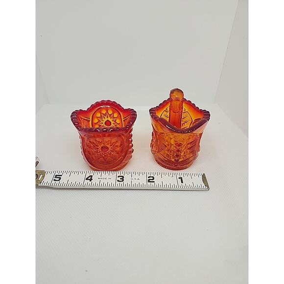 Vtg. L.E.Smith MINIATURE AMBER Star Pattern Mini 2" SUGAR BOWL & CREAMER Set - Picture 4 of 6